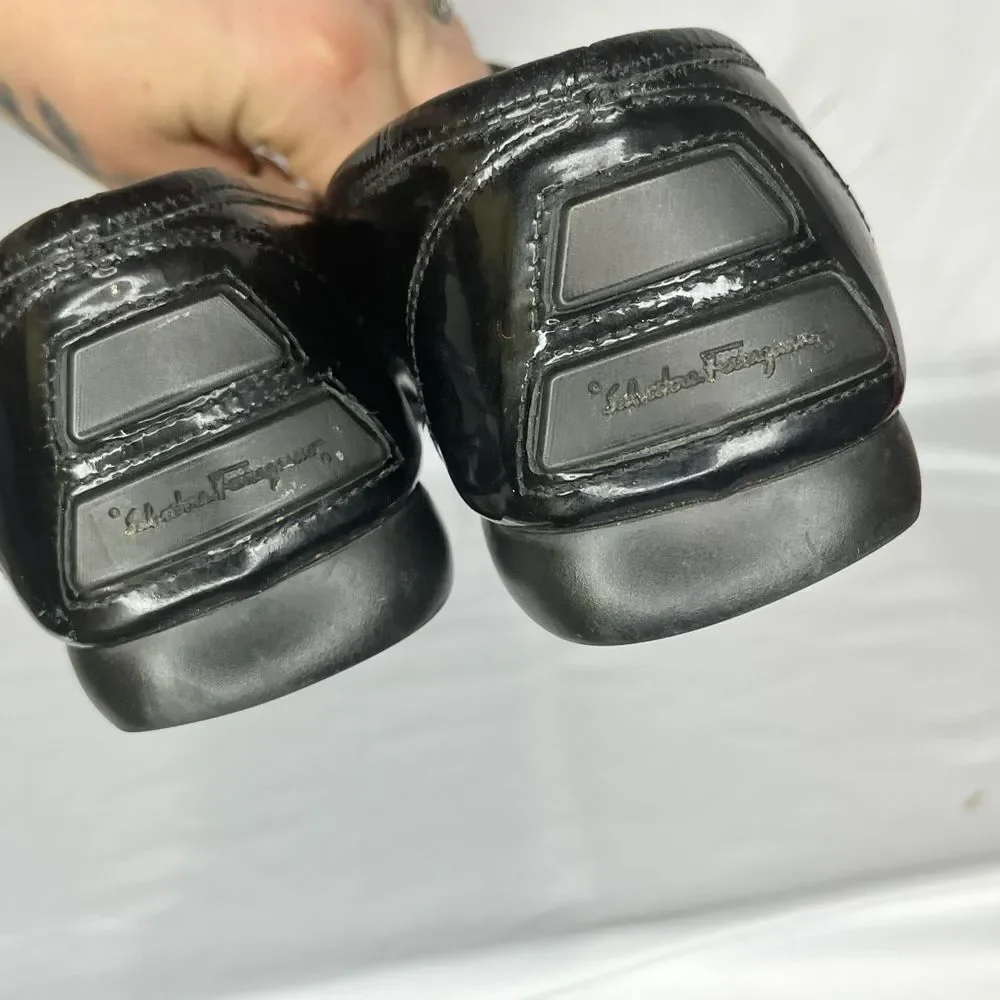 Salvatore Ferragamo‎ Loafers Mens 8.5 Black Patent Leather Sport Gold Hardware